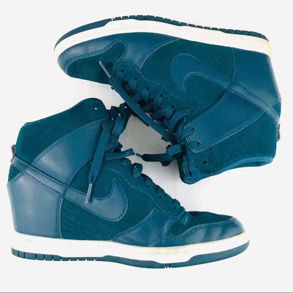 Nike Sky High Dunks High Tops Wedge Sneakers Shoes in Dark Turquoise Green Suede